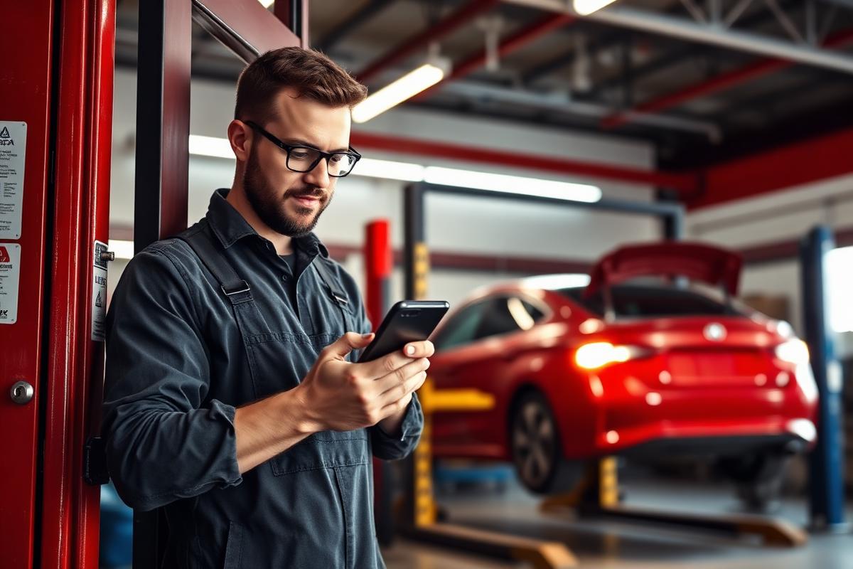 Mekaniker i verkstad för fordonsservice checkar in i personalliggare med mobilen