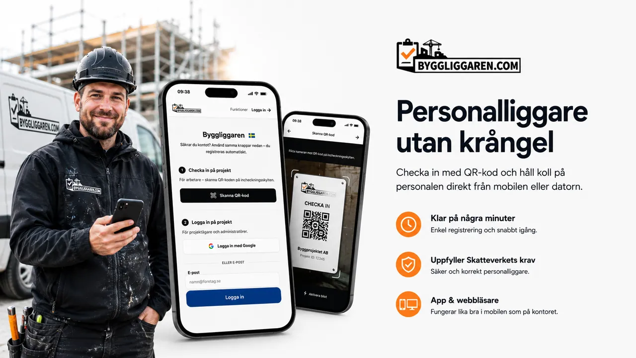 Personalliggare för bygg – QR-incheckning i mobil och webbläsare Personalliggare utan krångel – byggarbetare använder Byggliggaren-appen för QR-incheckning på byggarbetsplats
